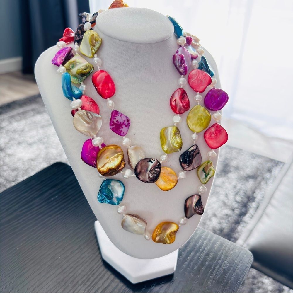 Multicolor Shell & Freshwater Pearl Statement Necklace 18โ